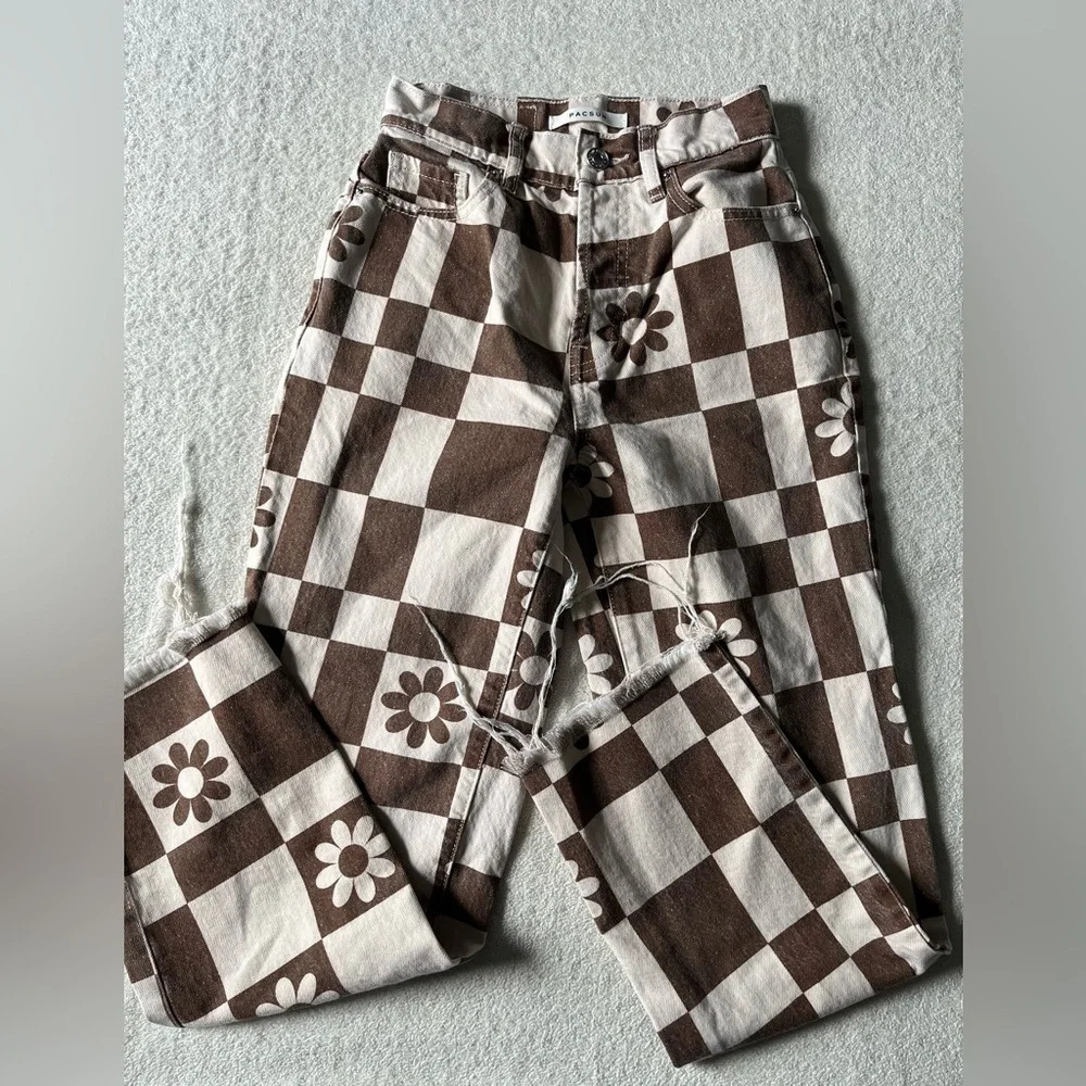 Pacsun Jeans Womens 22 (XS) Eco Flower Checkerboard Button Fly High Rise Frayed - Picture 3 of 9